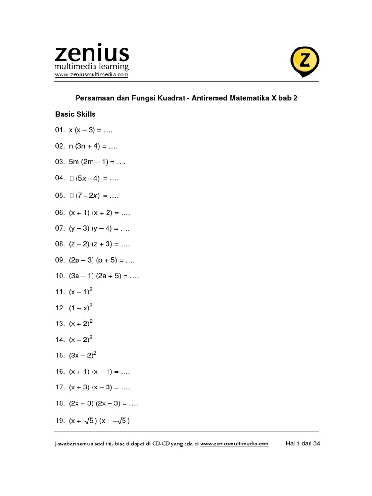 Soal Soal Persamaan Kuadrat Pdf