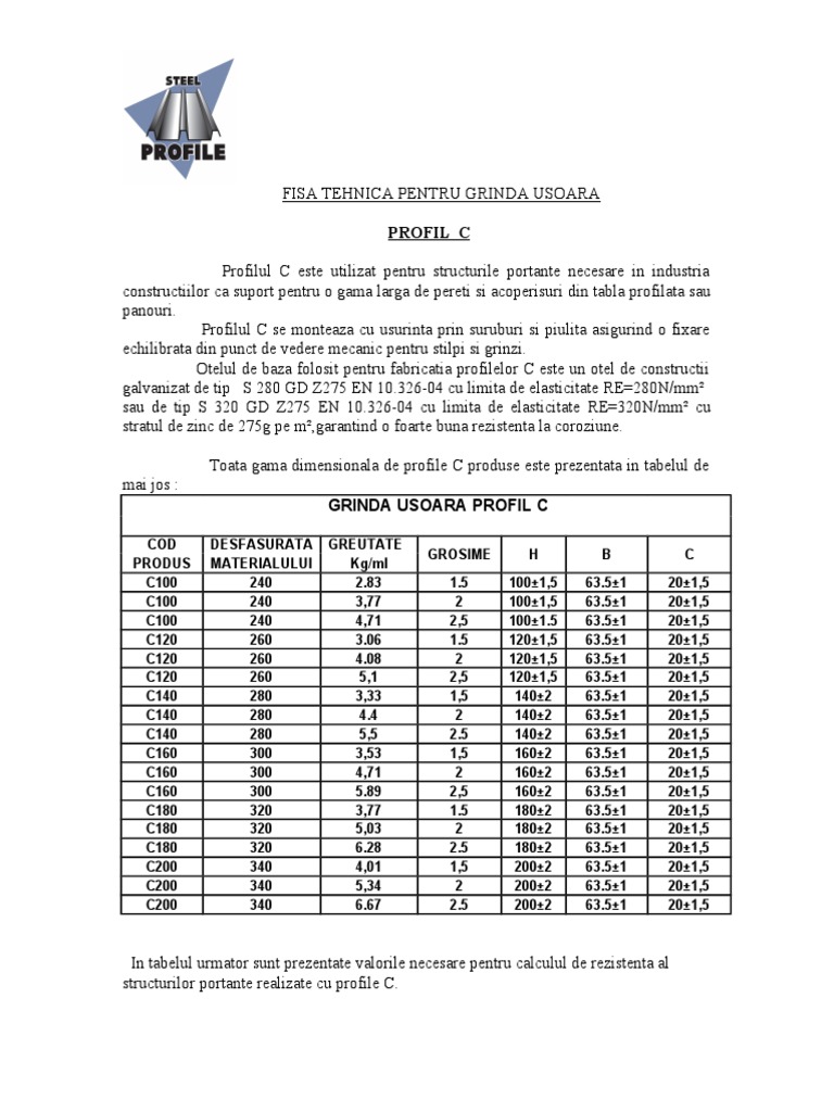 Fisa Tehnica - Profil Tip C | PDF