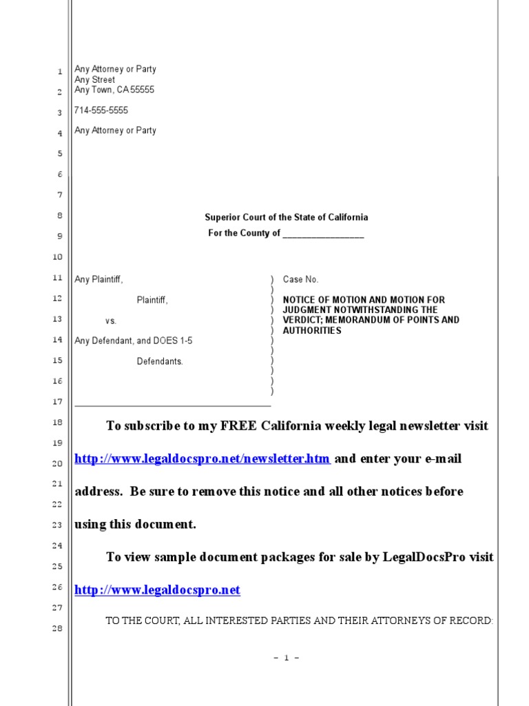 Sample motion for judgment notwithstanding the verdict for California
