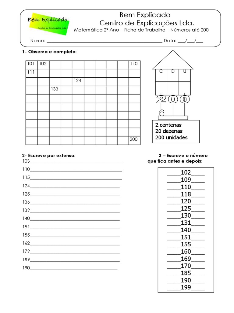 Ficha de Trabalho - Números até 200 2º ano | PDF