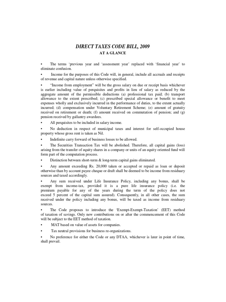 Direct Taxes Code Bill Overview | PDF | Finance & Money Management
