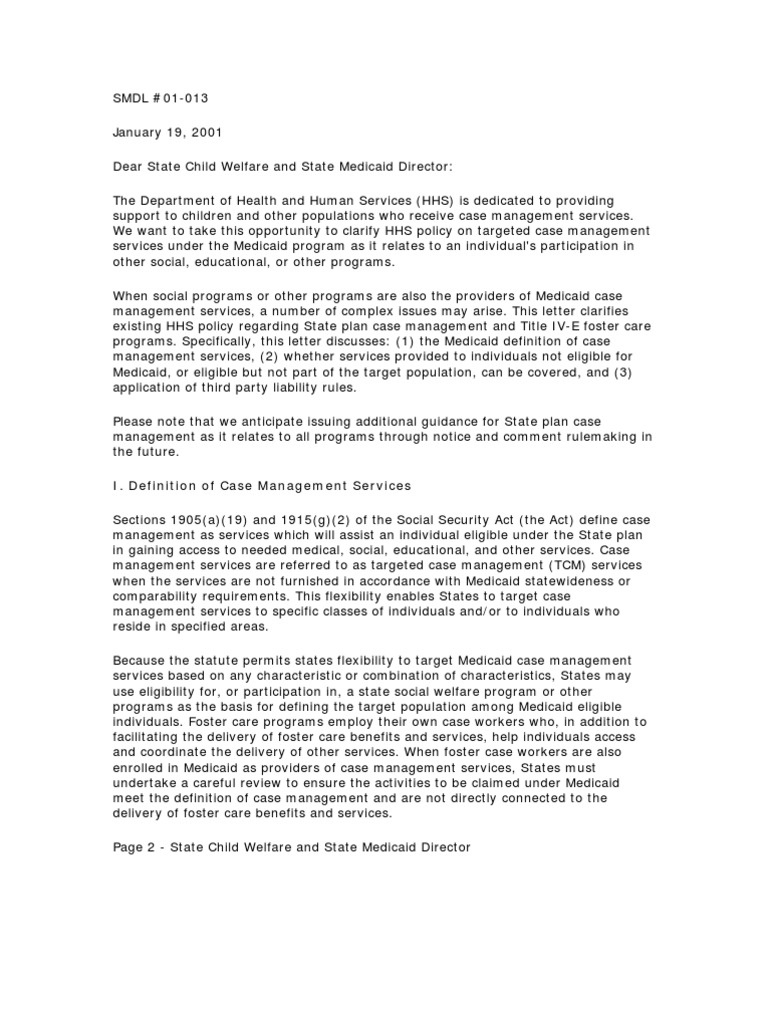 Targeted Case Management Guidelines to State Medical Directors Medicaid Foster Care