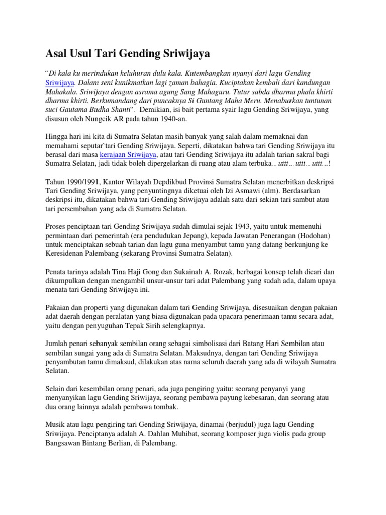 Asal Usul Tari Gending Sriwijaya