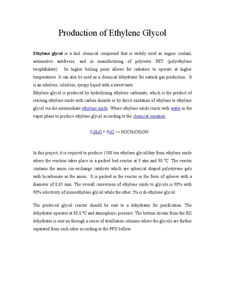 Ethylene Glycol Production Process Overview | PDF | Ethylene | Chemical ...