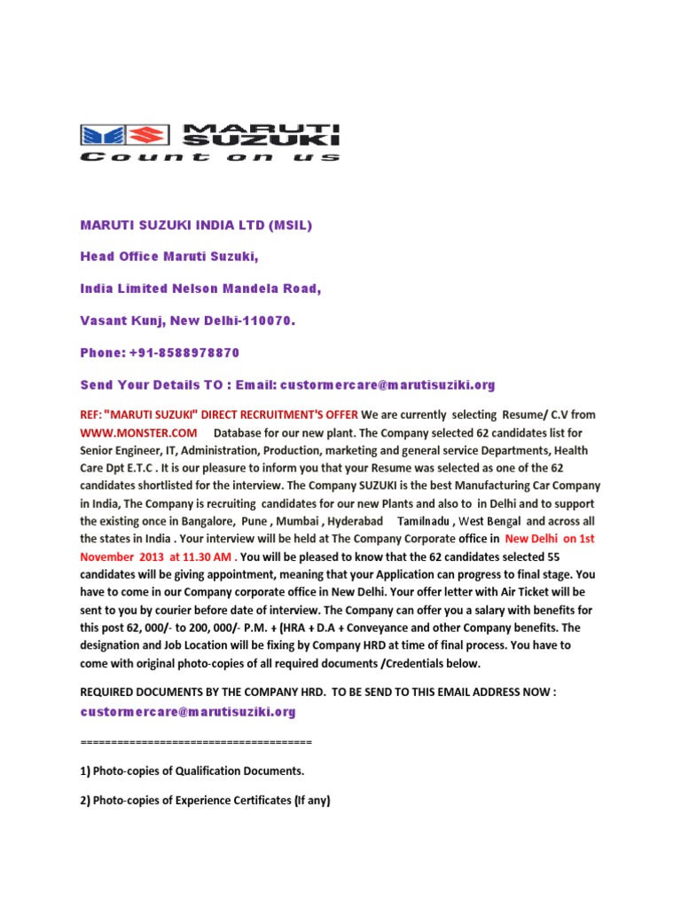 Maruti Suzuki India LTD (Msil) Head Office Maruti Suzuki, India Limited Nelson Mandela Road