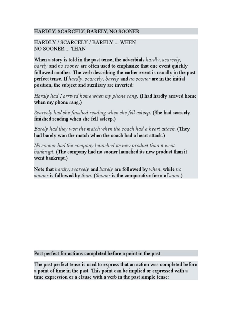 Grammar Rules for Hardly and Scarcely | PDF | Grammatical Tense ...