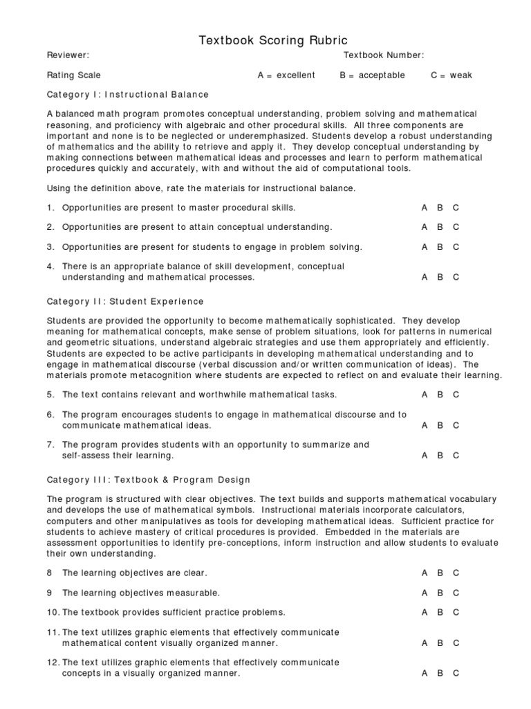 Textbook Scoring Rubric PDF Teaching Mathematics Educational