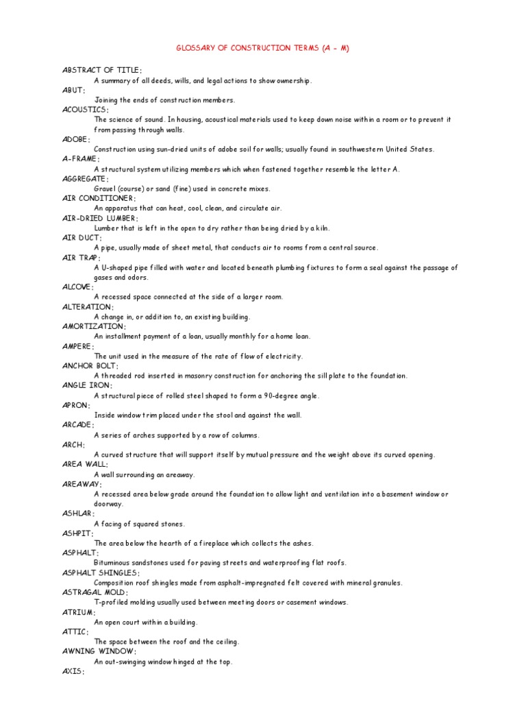 Glossary of Construction Terms PDF Framing (Construction) Wall