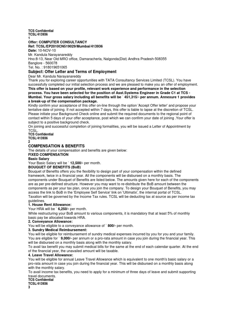 Offer Letter TCS PDF | PDF | Insurance | Employment