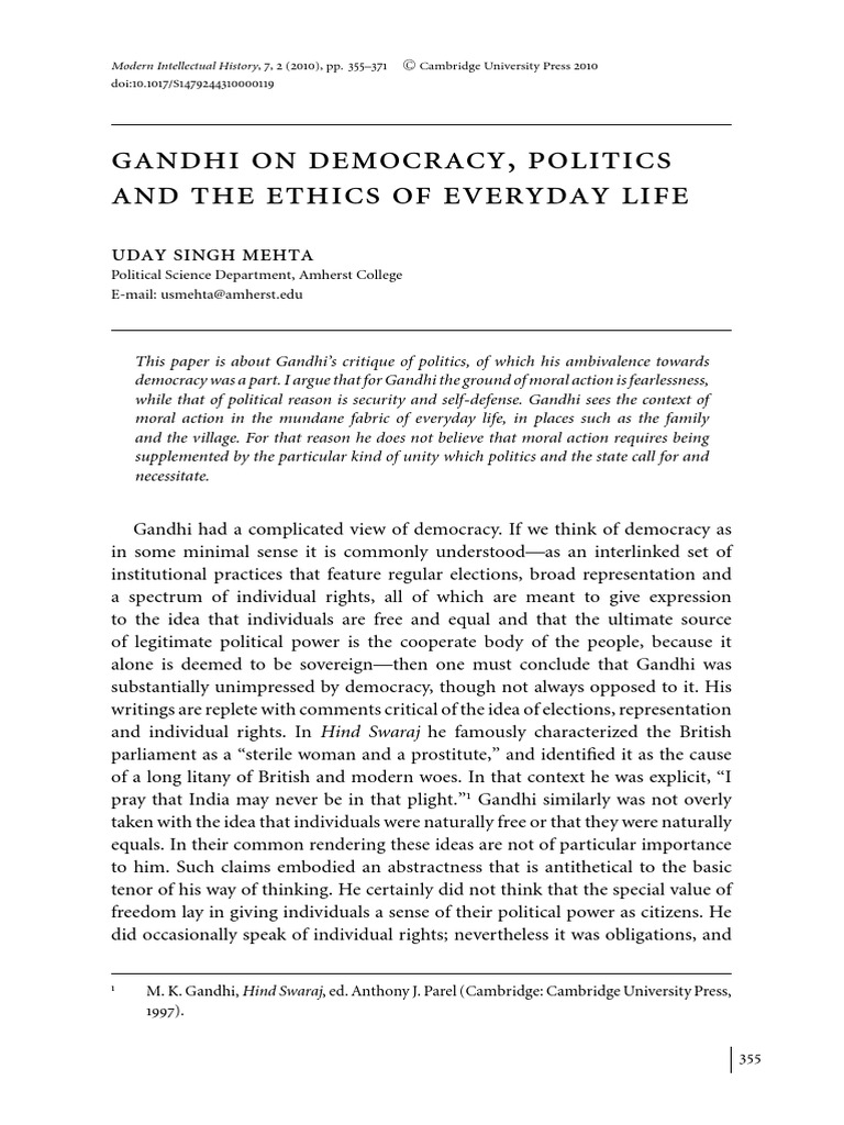 Gandhi On Democracy and The Everyday Life, Mehta PDF | PDF | Mahatma ...