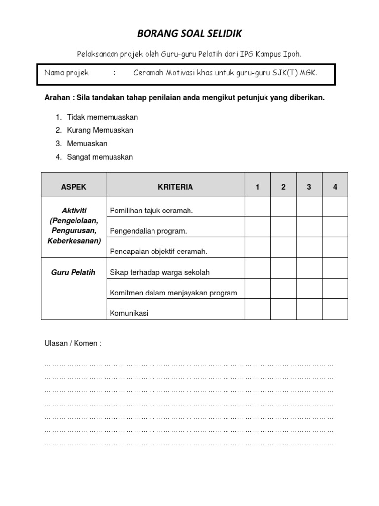 Contoh Borang Soal Selidik Aktiviti Kokurikulum