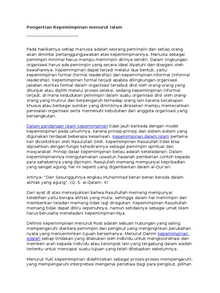 Pengertian Kepemimpinan Menurut Islam Doc