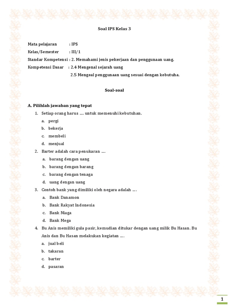 Soal Ips Kelas 3 Mata Pelajaran Kelas Semester Kompetensi Dasar