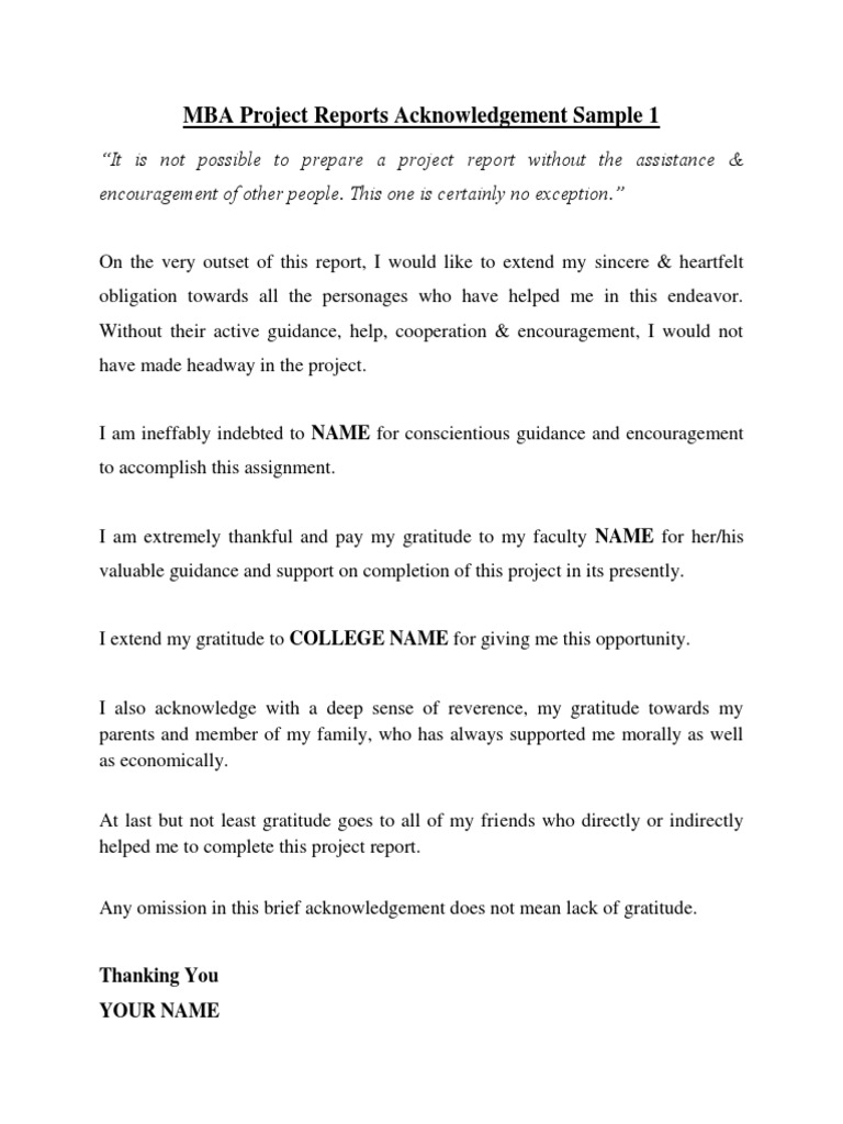 Mba Project Reports Acknowledgement Sample 11 Pdf
