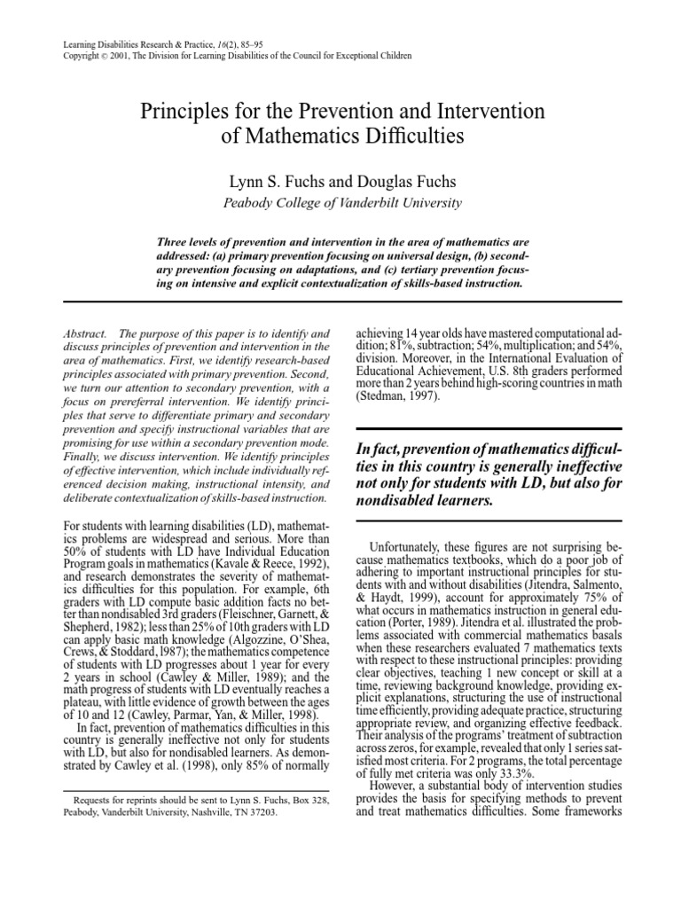 Principles For The Prevention and Intervention of Mathematics ...