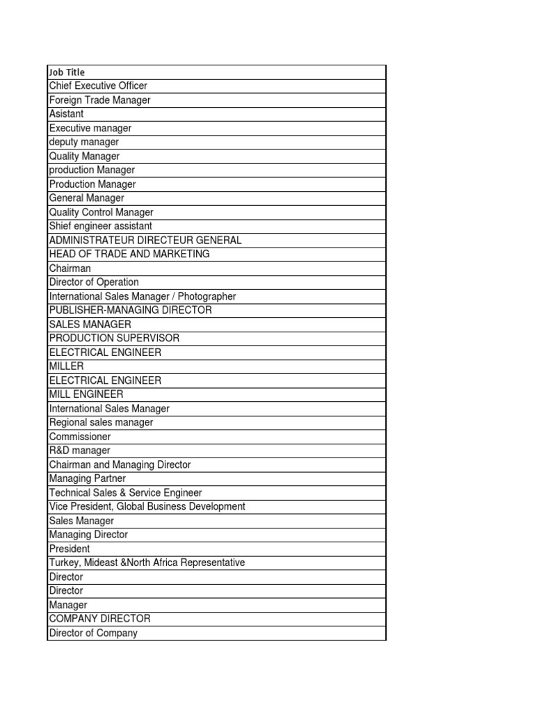 Designation List General Manager Chief Executive Officer