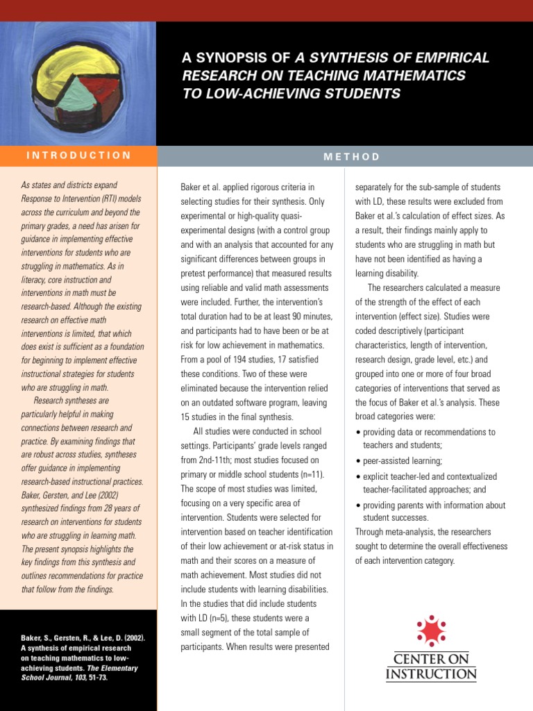 Synopsis of A Synthesis of Empirical Research On Teaching Mathematics ...