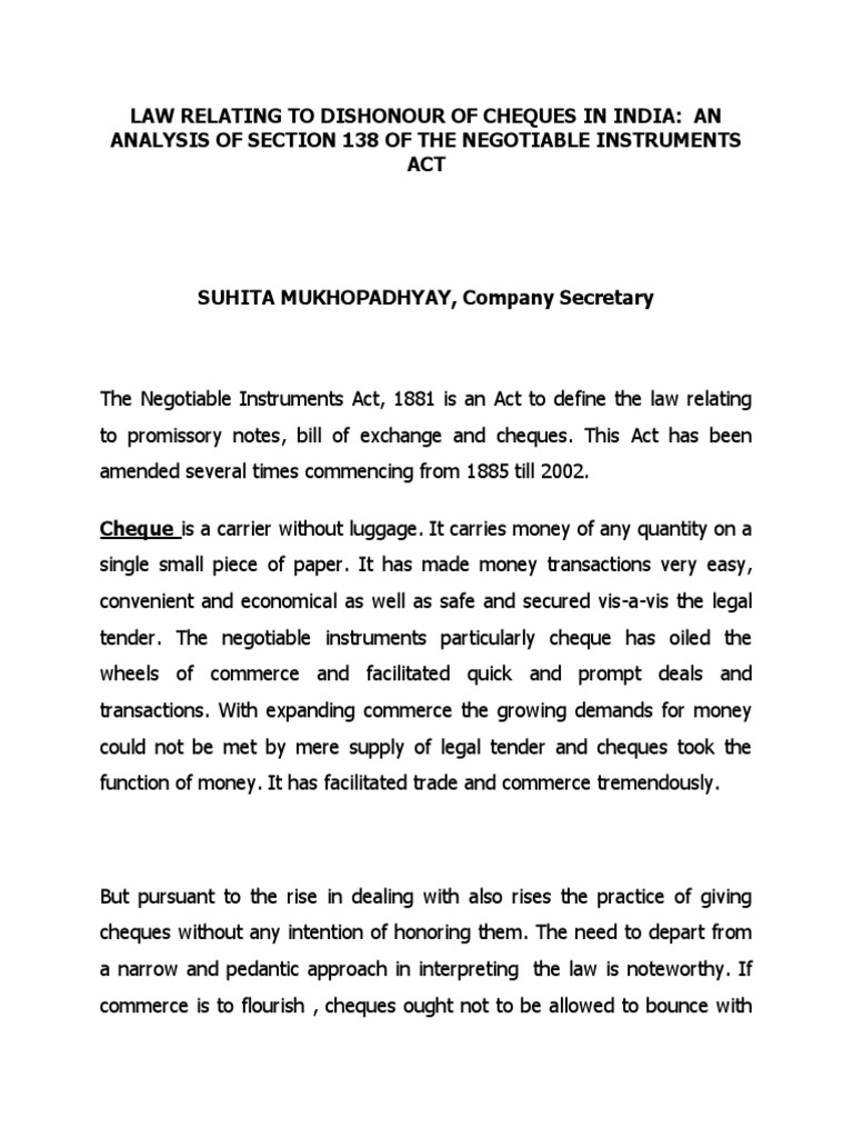 Dishonour of Cheques: Section 138 Explained | PDF | Cheque | Negotiable ...