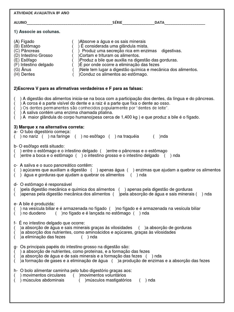 Questões Sobre Sistema Digestório 8o Ano Com Gabarito