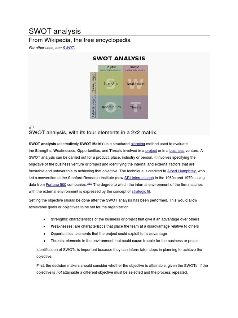 SWOT Analysis: From Wikipedia, The Free Encyclopedia | PDF | Business