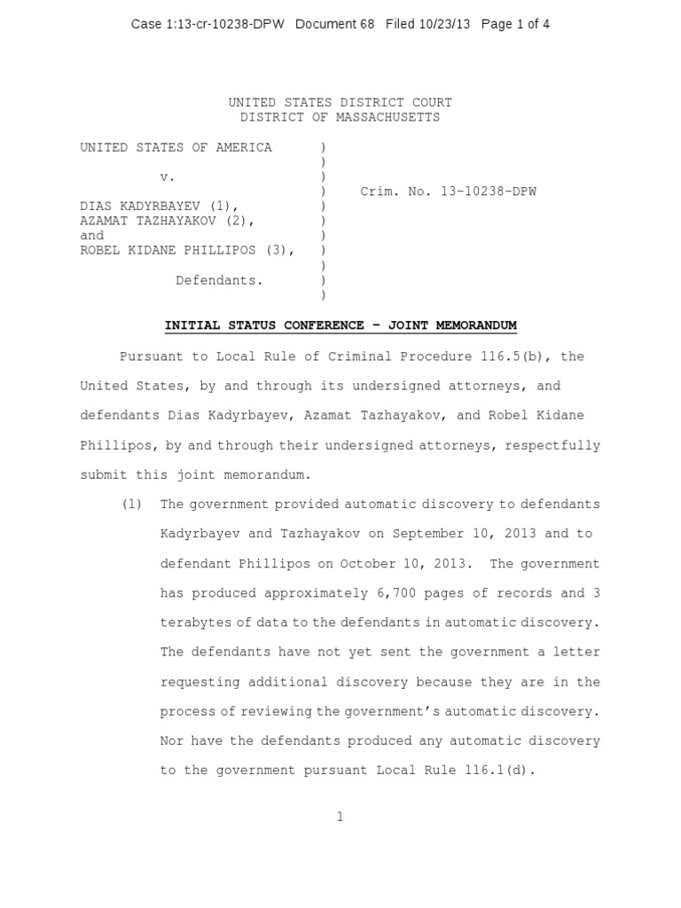 Document 68 INITIAL STATUS CONFERENCE JOINT MEMORANDUM Discovery (Law) Criminal Law
