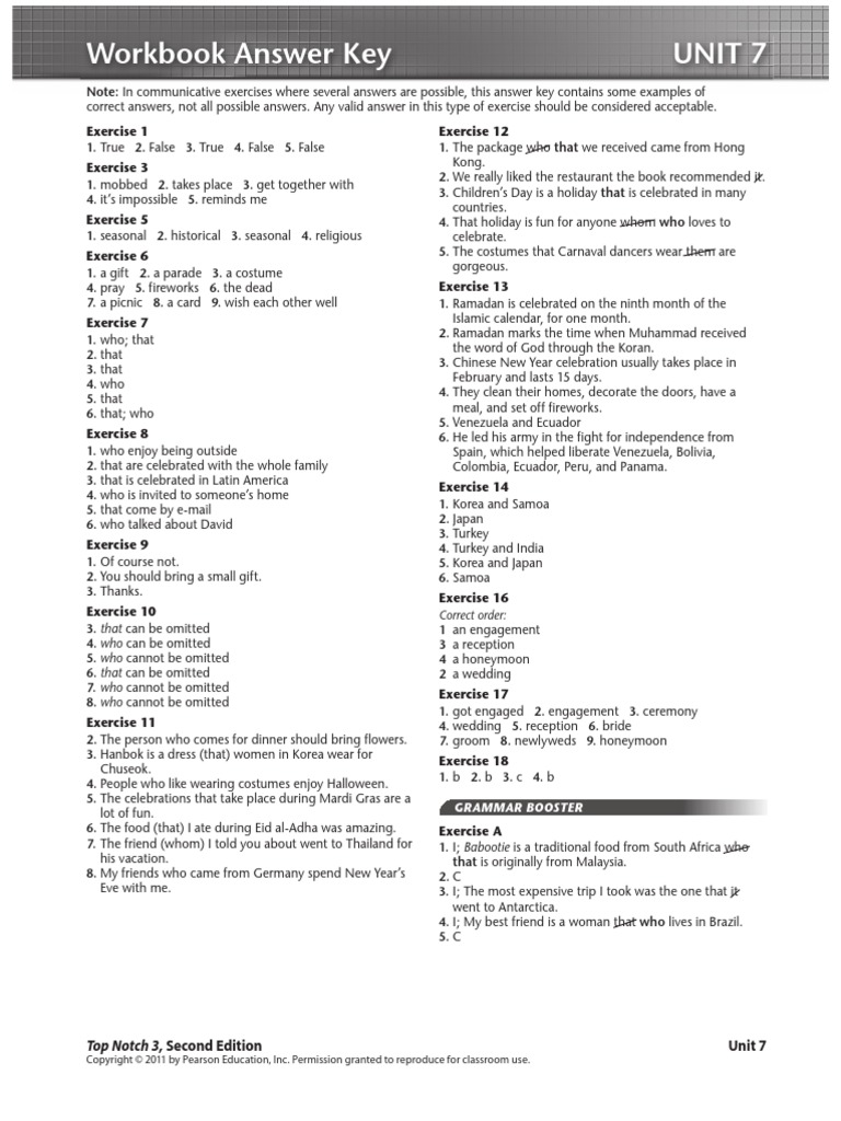 Workbook Answer Key Unit 7 | PDF | Wedding | Religion And Belief