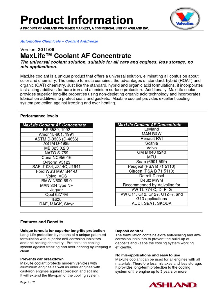 MaxLifeCoolantAFConcentrate_201106.pdf Motor Oil Vehicles