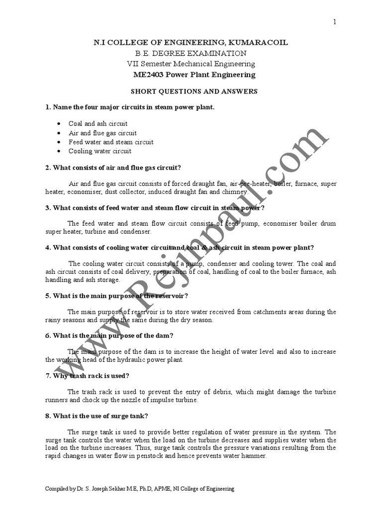 Me2403 Power Plant Engineering 2 Marks With Answers | PDF