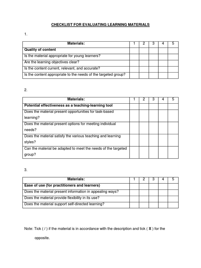 Checklist For Evaluating Learning Materials | PDF