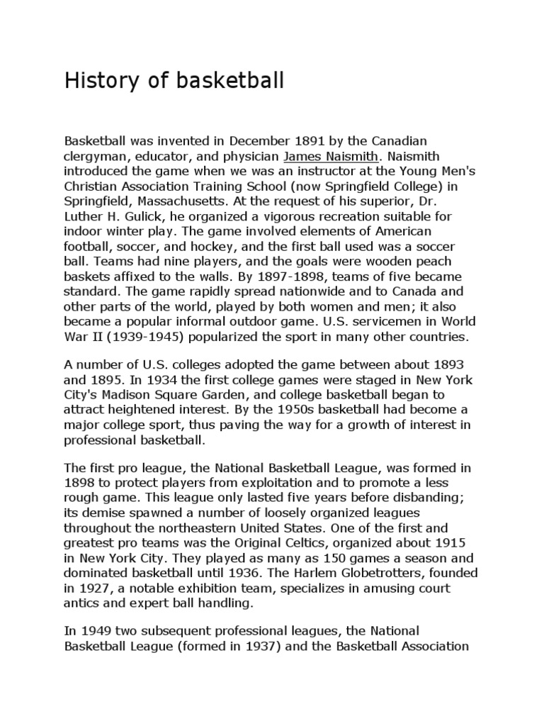 History of Basketball PDF National Basketball Association Sports