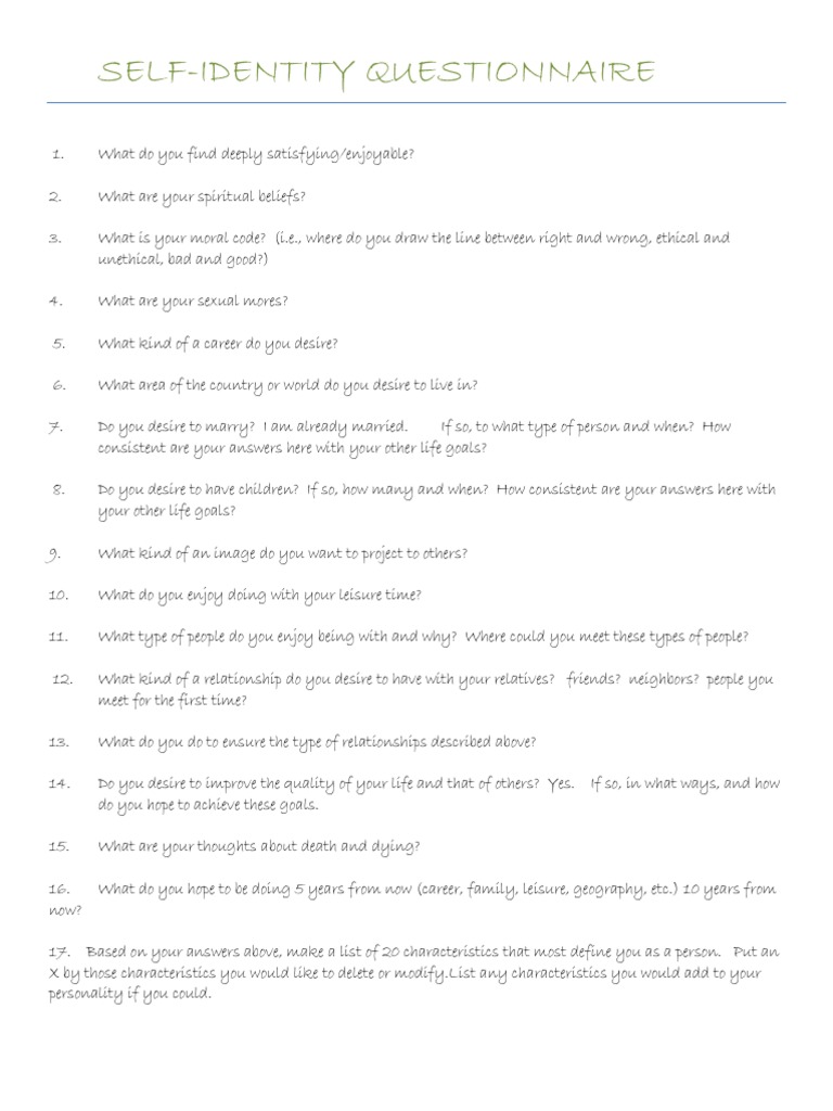 Self-Identity Questionnaire Insights | PDF | Stereotypes | Metaphysics ...