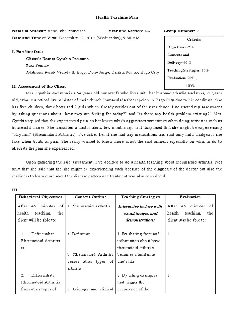 Health Teaching Plan.docx Arthritis Rheumatoid Arthritis