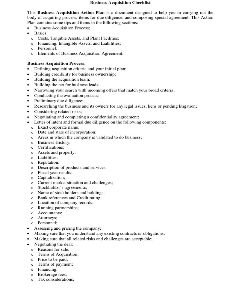 Business Acquisition Checklist.pdf Mergers And Acquisitions Takeover