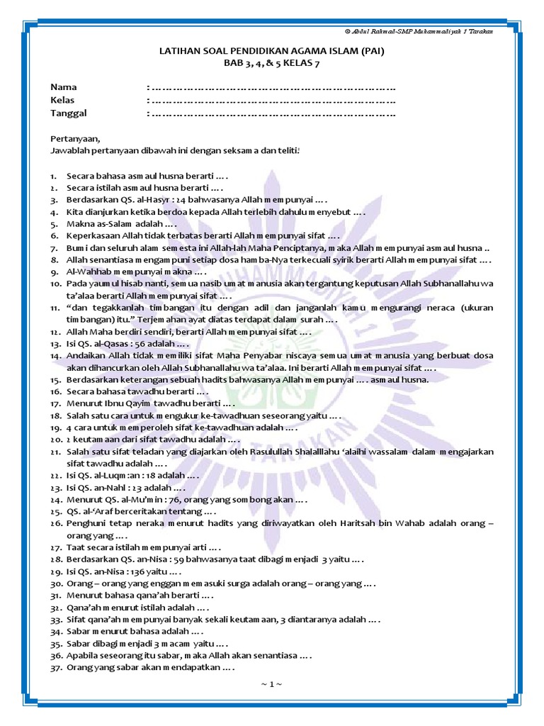 Latihan Soal Pai Kelas 7 Pdf