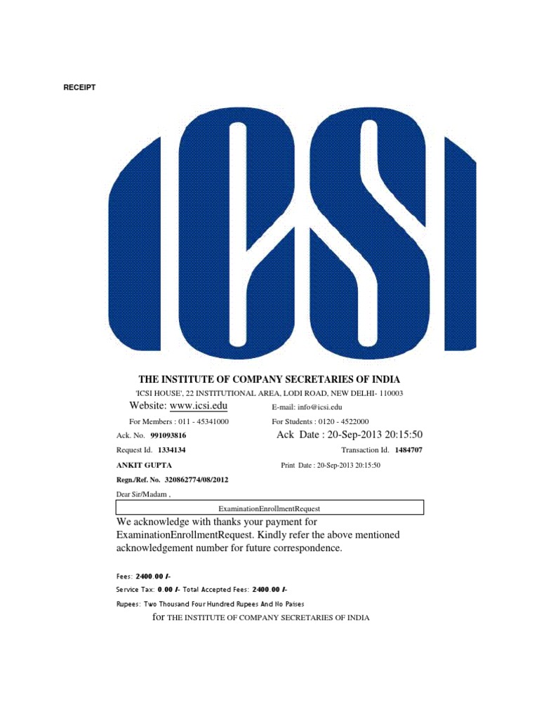 ICSI Examination Enrollment Receipt | PDF | Business | Finance & Money ...