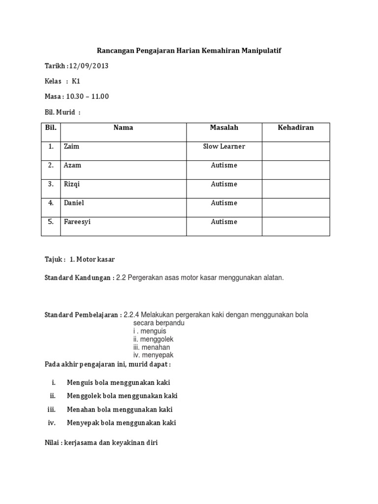 Rancangan Pengajaran Harian Kemahiran Manipulatif Pdf
