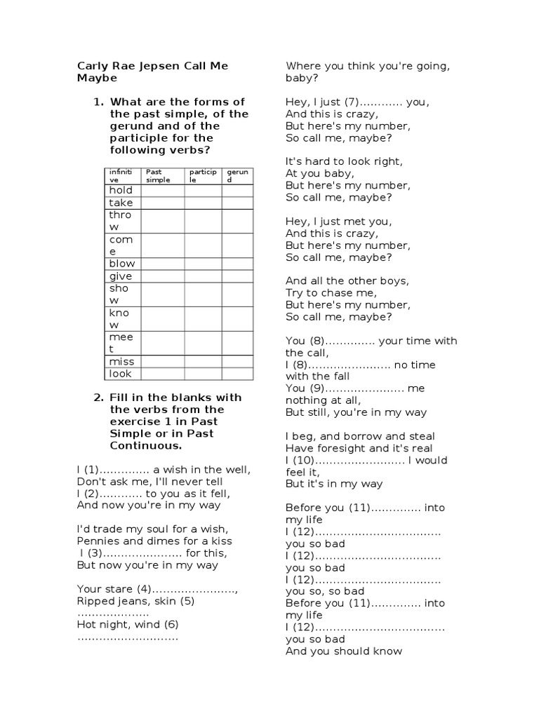 Call Me Maybe Lyrics and Exercises | PDF