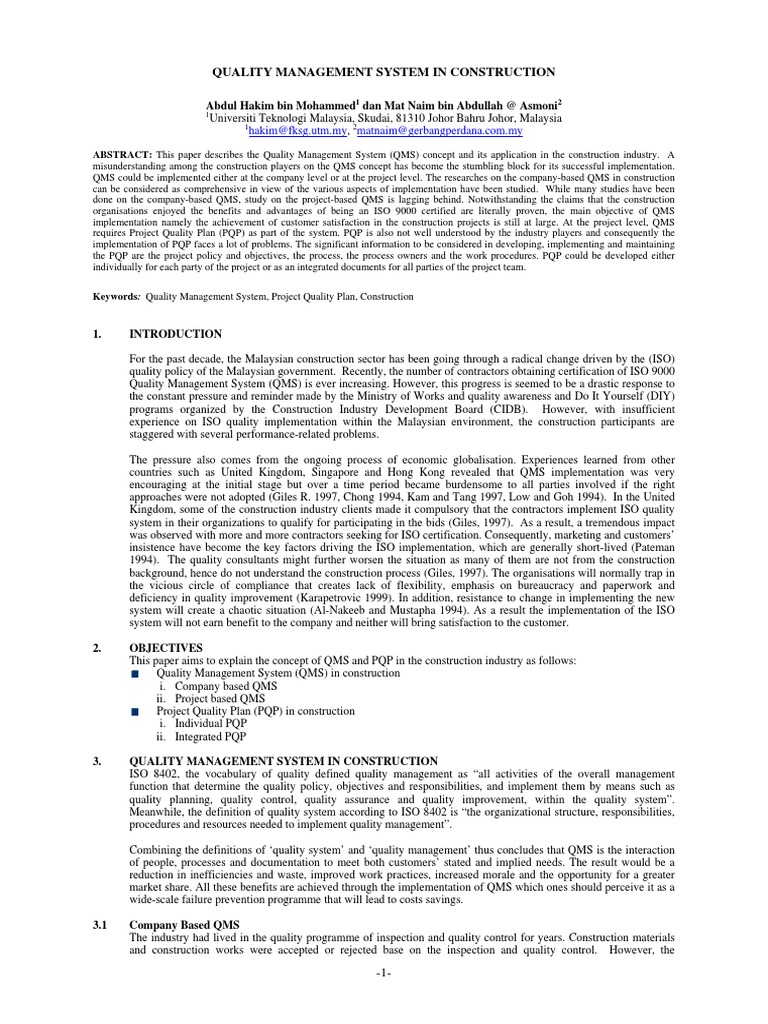 Quality Management Systems in Construction | PDF | Iso 9000 | Quality ...