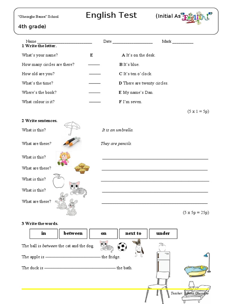 English Initial Test for 4th Grade | PDF