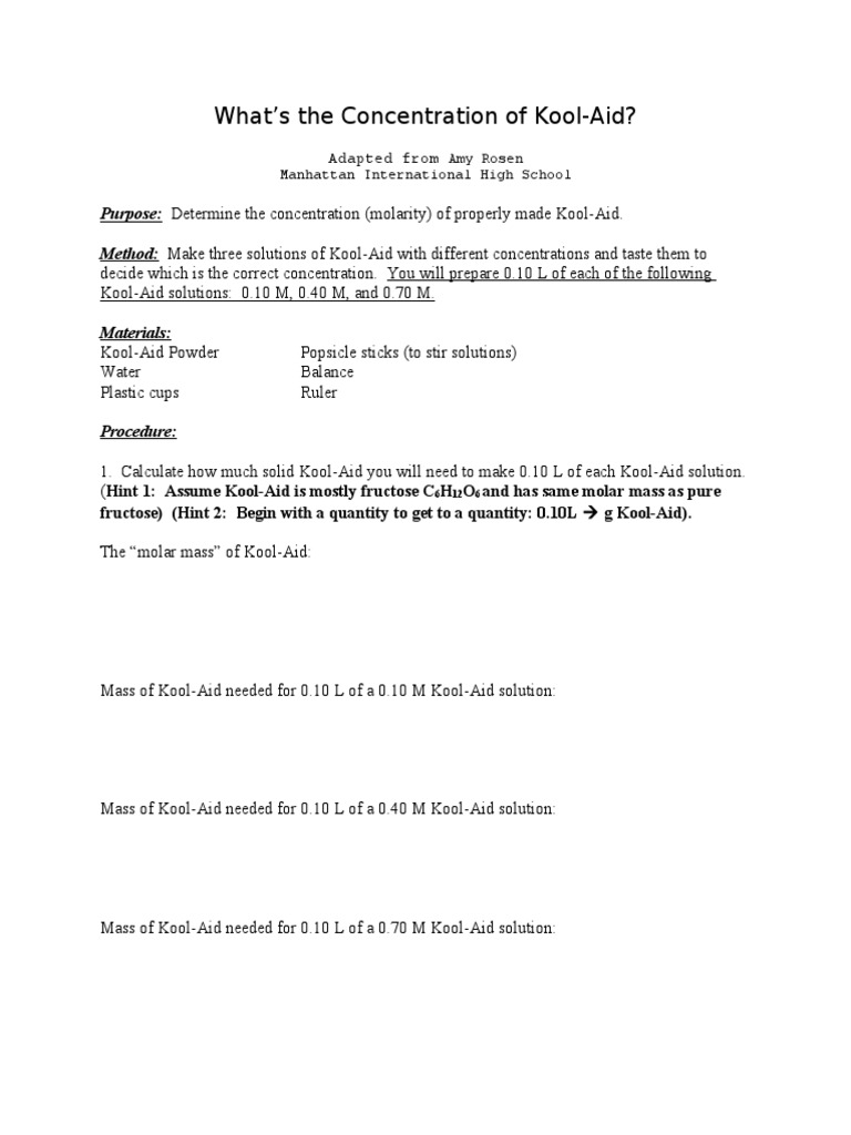 Kool Aid Lab PDF Solution Concentration