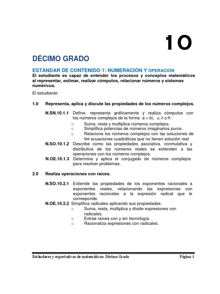 Estándares y Expectativas de Matemáticas 10mo Grado | PDF | Ecuación  cuadrática | Número complejo