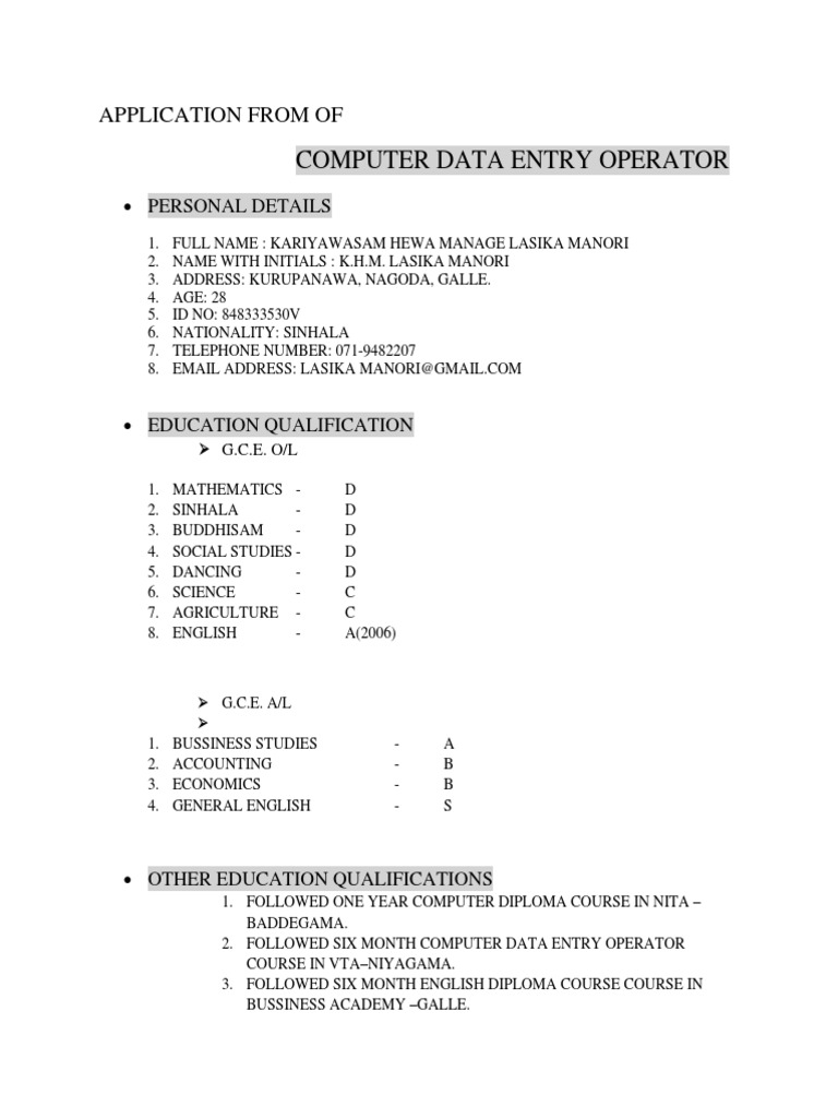 Computer Data Entry Operator Application | PDF