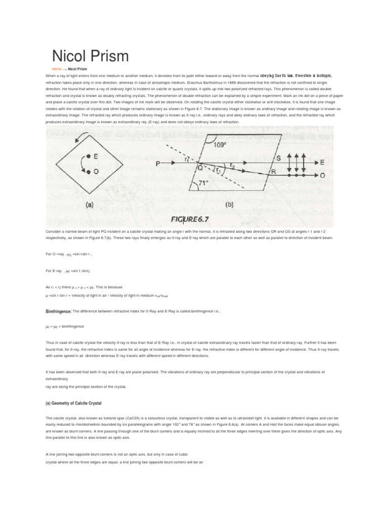 Nicol Prism PDF Refractive Index Optics