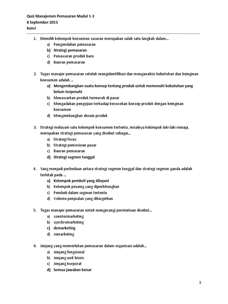 Quiz 1 Manajemen Pemasaran Ekma4216 Kunci Pdf