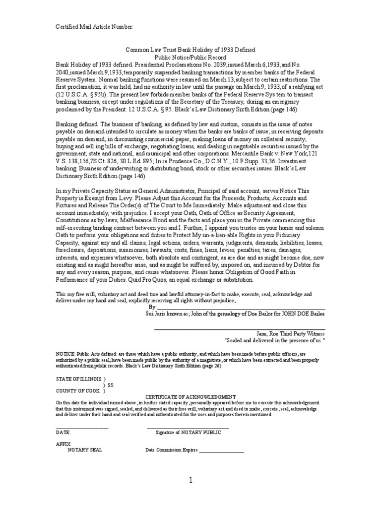 Common Law Trust Bank Holiday Of 1933 Defined Public Notice Public