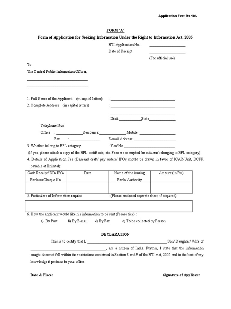 Form of Application for Seeking Information Under the Right to