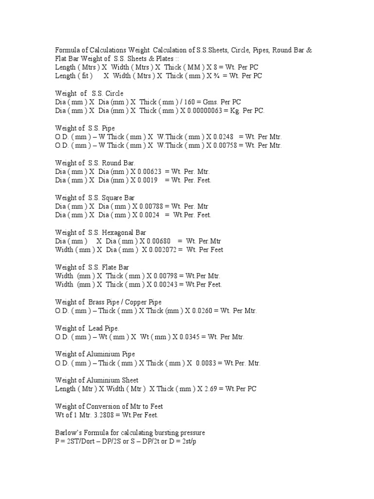 Weight Calculation Formulas for Metals | PDF