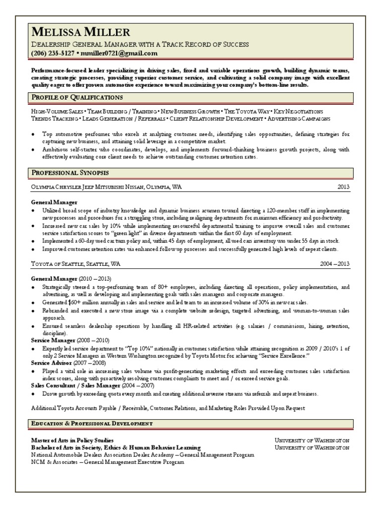 Automotive Dealership General Manager in Southeast CA Resume Melissa