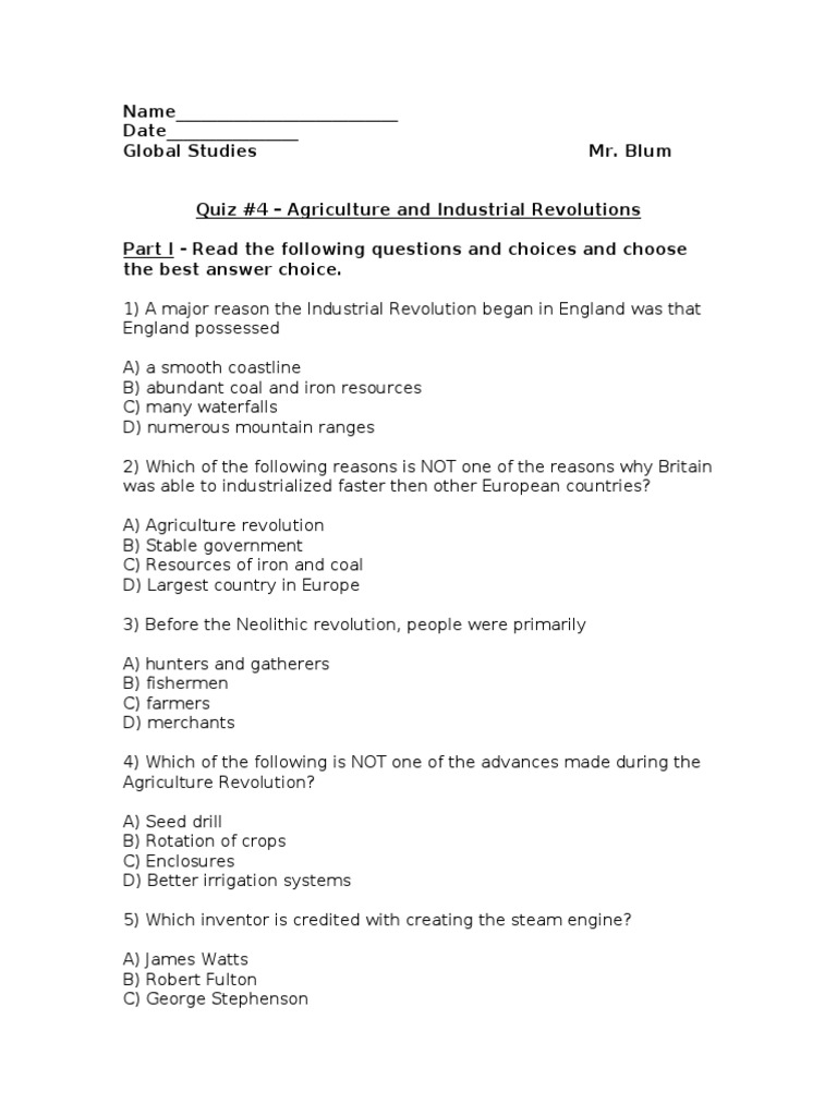 Agriculture and Industrial Revolutions Quiz | PDF | Industrial ...