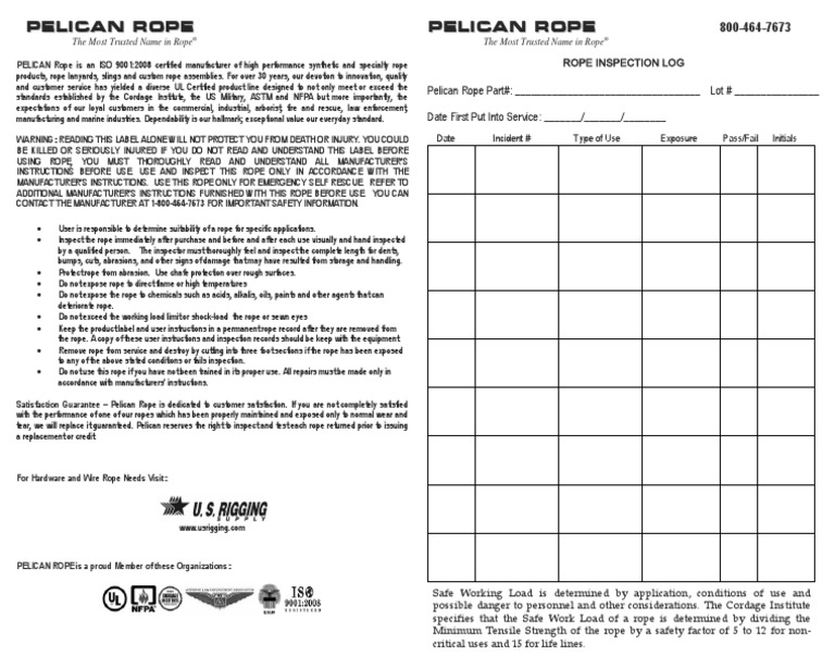 Rope Inspection Log Cuerda de Seguridad Hoja de Seguimiento PDF